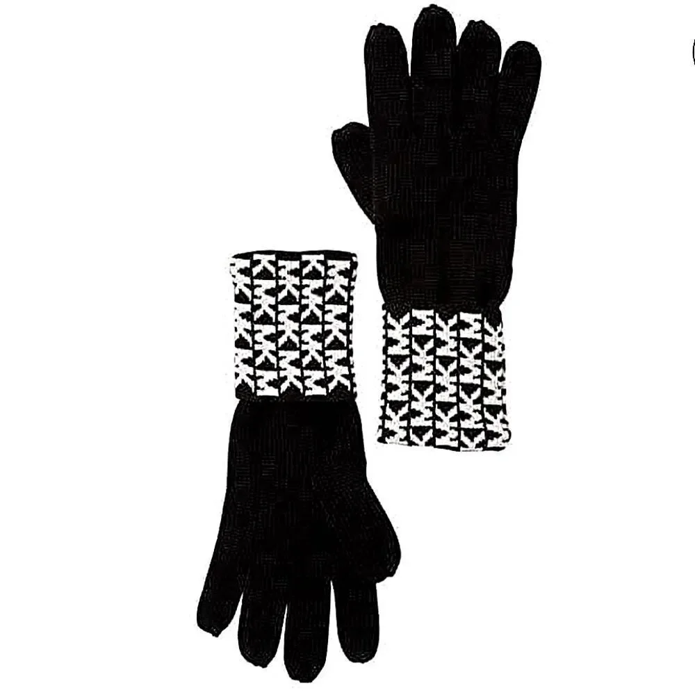 Michael Kors 2 pc Black & White MK Logo monogram Knit Cuffed Gloves & Scarf set